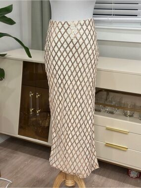 Anthropologie Self Contrast Elegant Cream Gold Lattice Maxi Skirt